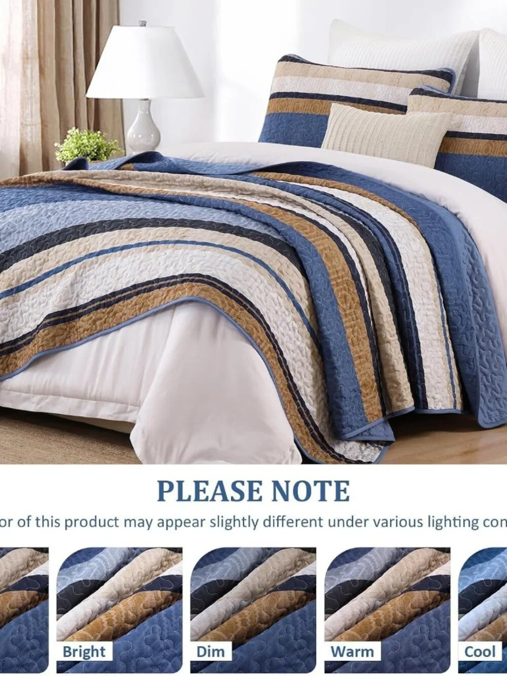 Boho Blue Striped All-Season 3-Piece Quilt Bedding Set
